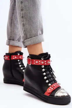 Ocieplane Botki Na Koturnie Z Dżetami Ekoskóra Lu Boo Czarne