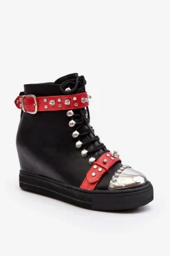 Ocieplane Botki Na Koturnie Z Dżetami Ekoskóra Lu Boo Czarne