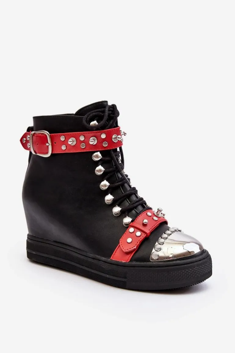 Ocieplane Botki Na Koturnie Z Dżetami Ekoskóra Lu Boo Czarne