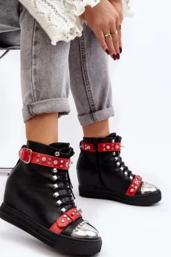 Ocieplane Botki Na Koturnie Z Dżetami Ekoskóra Lu Boo Czarne