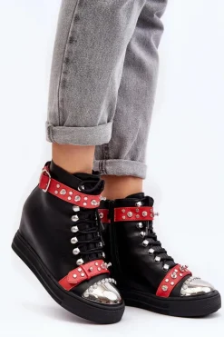 Ocieplane Botki Na Koturnie Z Dżetami Ekoskóra Lu Boo Czarne