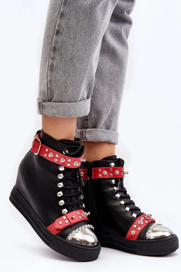 Ocieplane Botki Na Koturnie Z Dżetami Ekoskóra Lu Boo Czarne