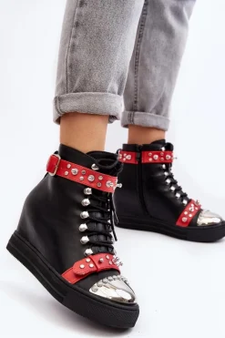 Ocieplane Botki Na Koturnie Z Dżetami Ekoskóra Lu Boo Czarne