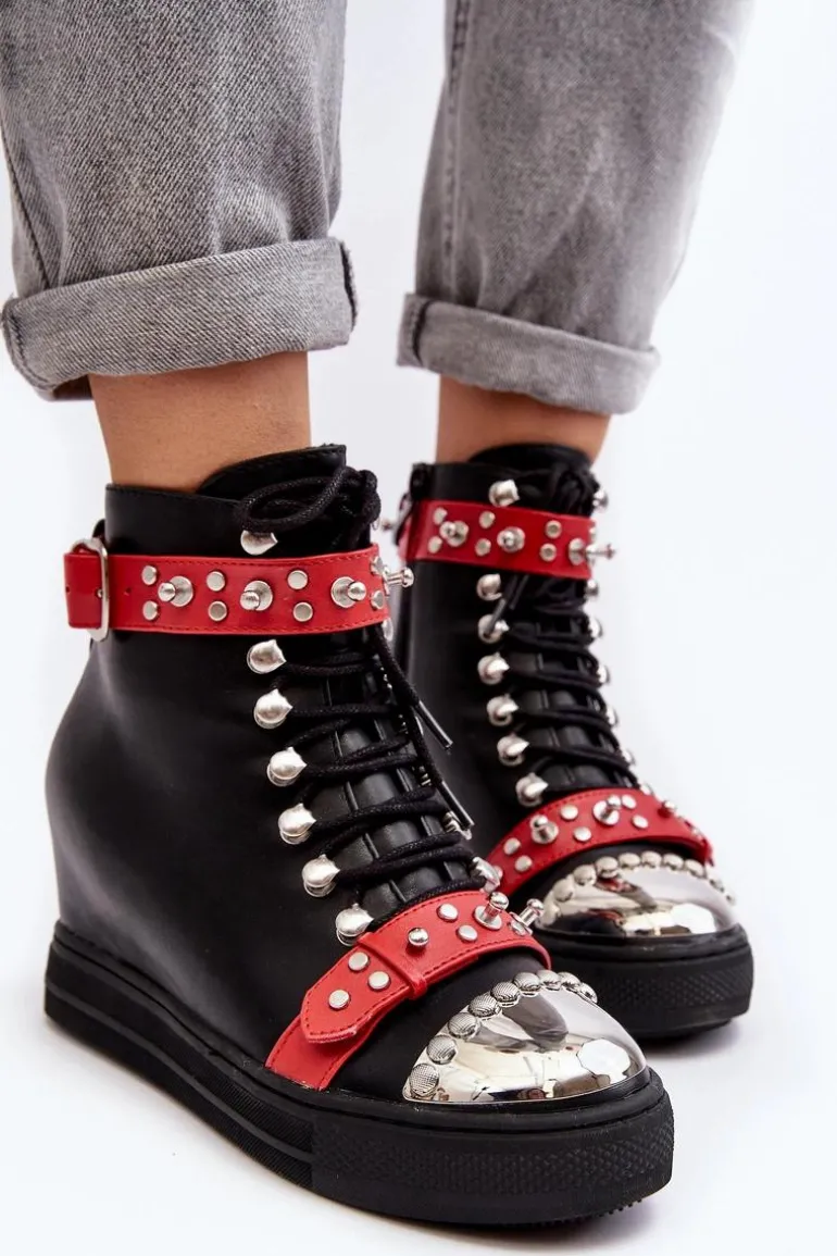 Ocieplane Botki Na Koturnie Z Dżetami Ekoskóra Lu Boo Czarne