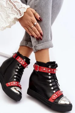 Ocieplane Botki Na Koturnie Z Dżetami Ekoskóra Lu Boo Czarne