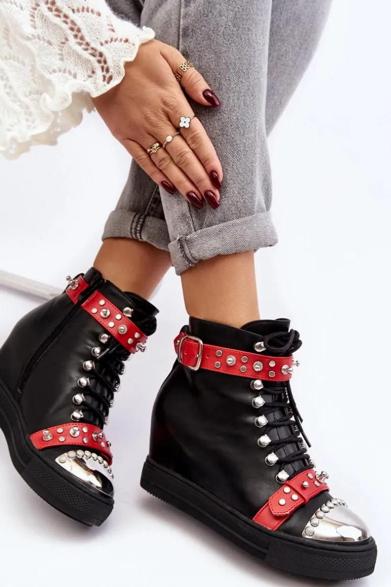 Ocieplane Botki Na Koturnie Z Dżetami Ekoskóra Lu Boo Czarne