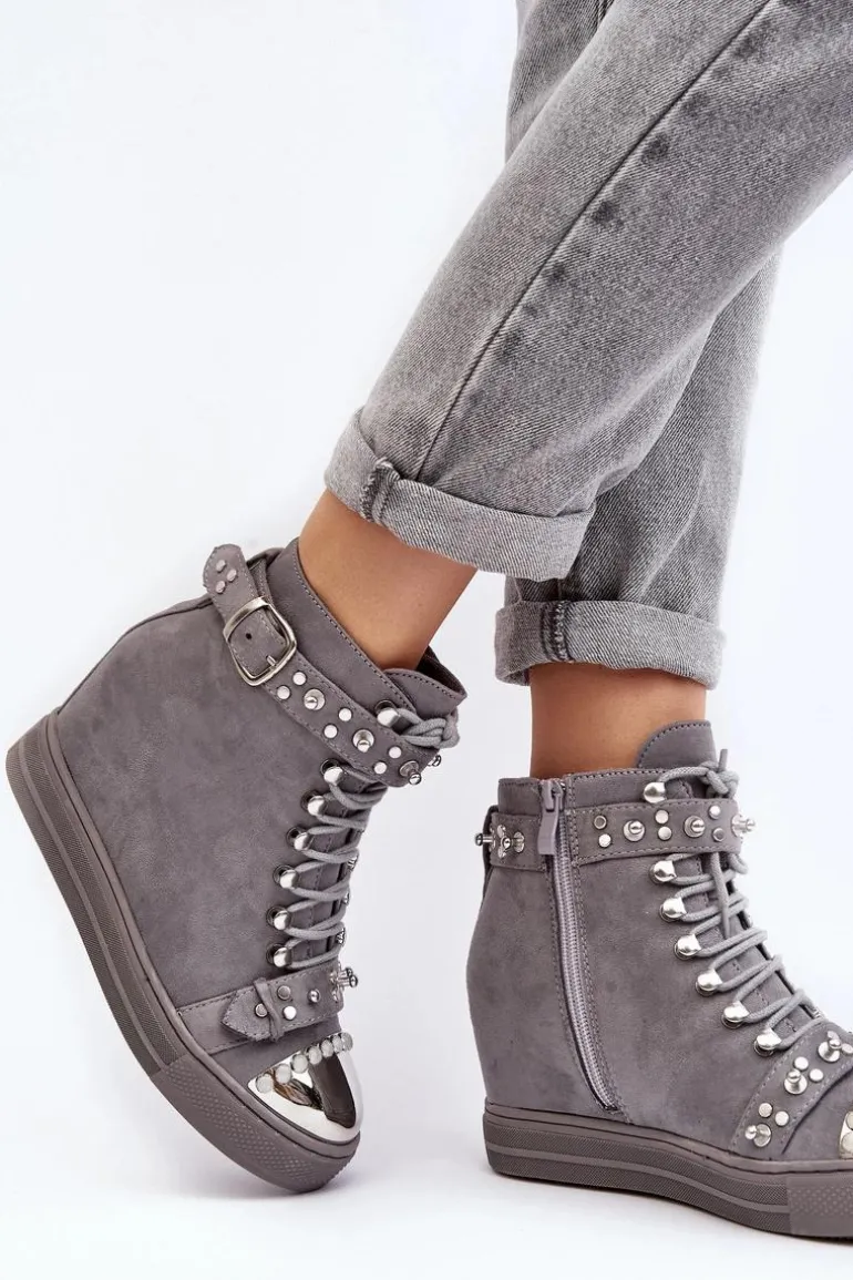 Ocieplane Botki Na Koturnie Z Dżetami Zamszowe Lu Boo Szare