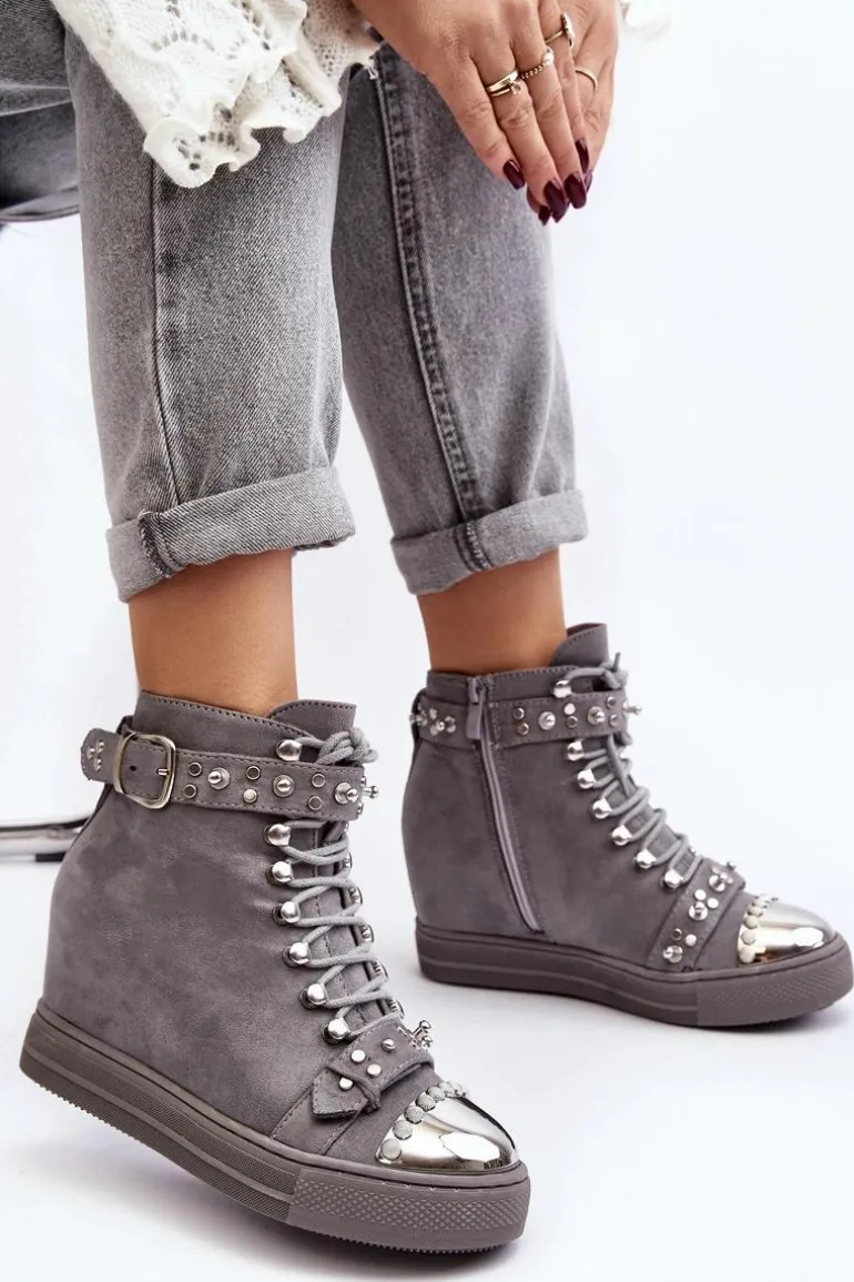 Ocieplane Botki Na Koturnie Z Dżetami Zamszowe Lu Boo Szare