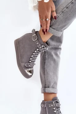 Ocieplane Botki Na Koturnie Z Dżetami Zamszowe Lu Boo Szare