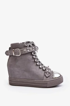 Ocieplane Botki Na Koturnie Z Dżetami Zamszowe Lu Boo Szare