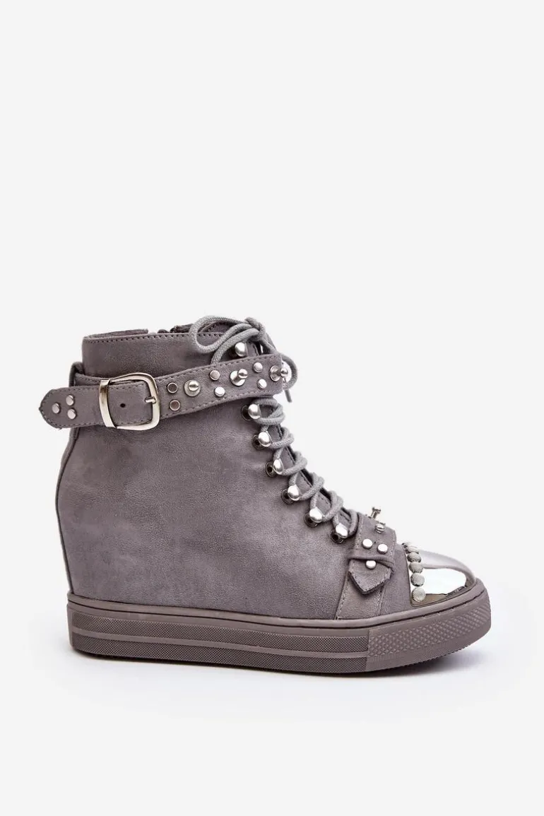 Ocieplane Botki Na Koturnie Z Dżetami Zamszowe Lu Boo Szare