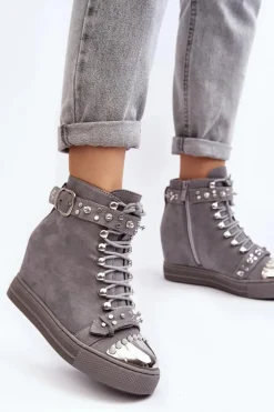 Ocieplane Botki Na Koturnie Z Dżetami Zamszowe Lu Boo Szare