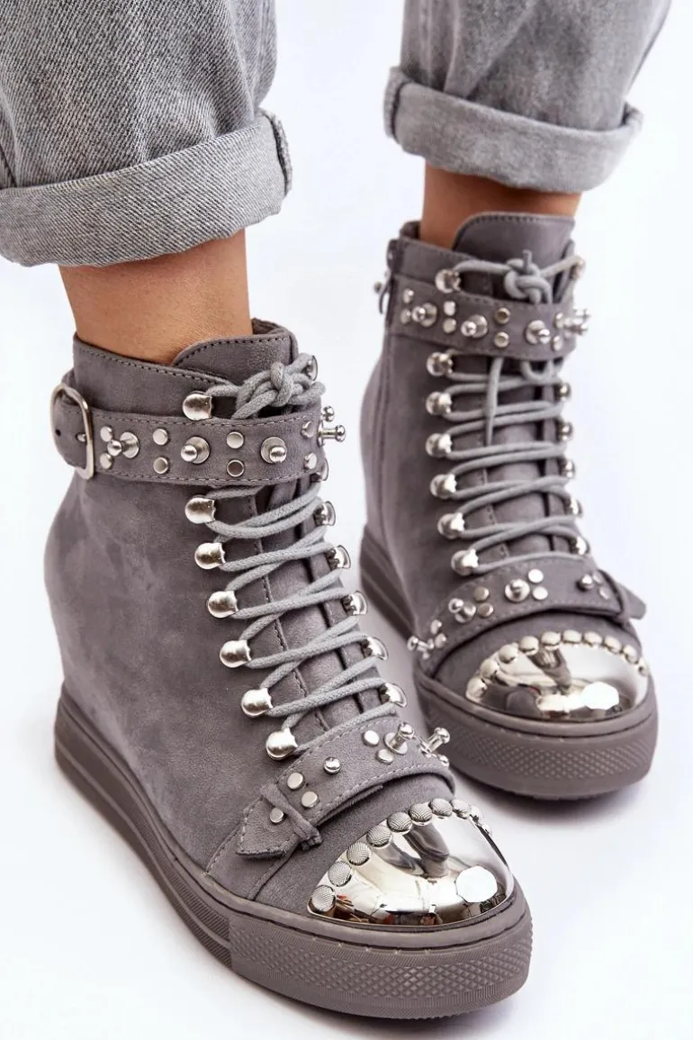 Ocieplane Botki Na Koturnie Z Dżetami Zamszowe Lu Boo Szare