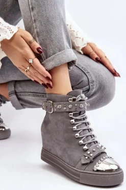 Ocieplane Botki Na Koturnie Z Dżetami Zamszowe Lu Boo Szare