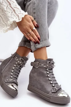 Ocieplane Botki Na Koturnie Z Dżetami Zamszowe Lu Boo Szare