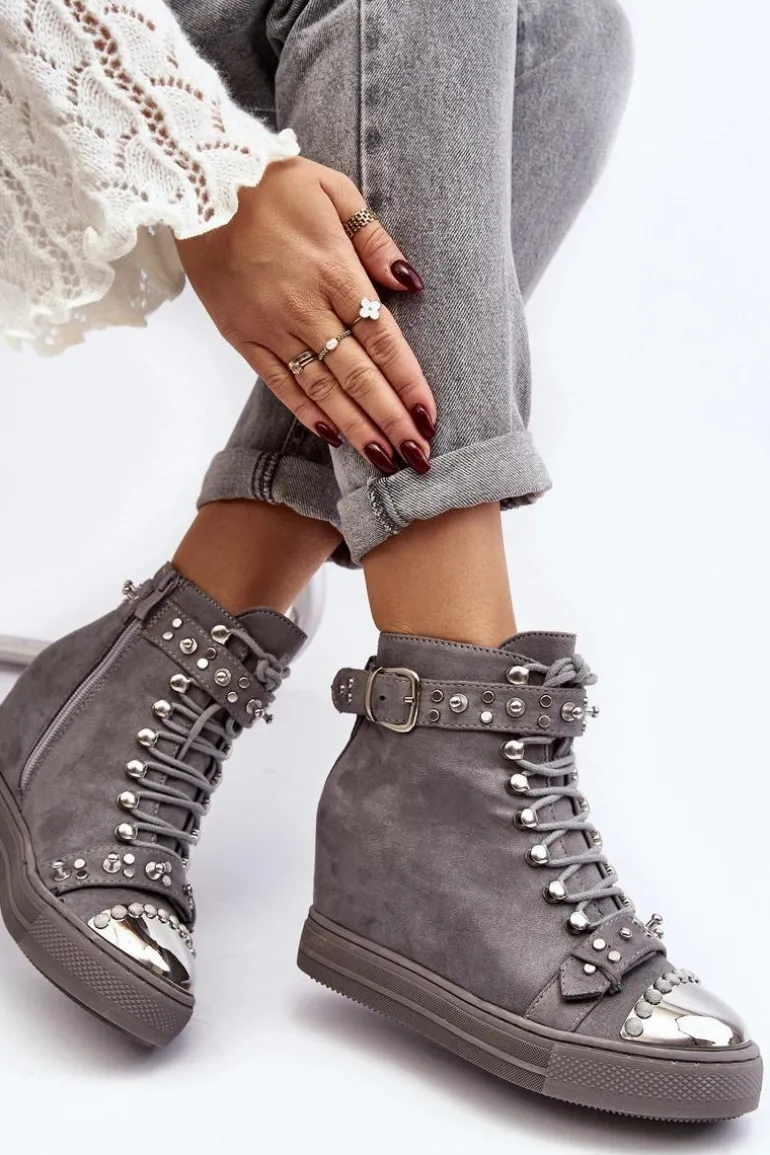 Ocieplane Botki Na Koturnie Z Dżetami Zamszowe Lu Boo Szare