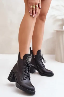 Ocieplane Botki Na Masywnym Obcasie Skóra Naturalna Czarne Vinceza 66676