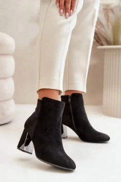 Ocieplane Botki Na Obcasie Słupku Z Lustrzanym Elementem Czarne Silvare