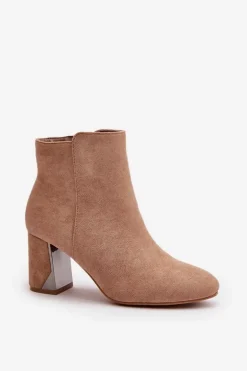 Ocieplane Botki Na Obcasie Słupku Z Lustrzanym Elementem Beżowe Silvare