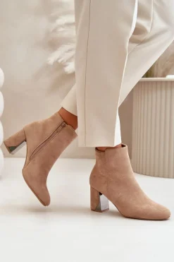 Ocieplane Botki Na Obcasie Słupku Z Lustrzanym Elementem Beżowe Silvare