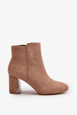 Ocieplane Botki Na Obcasie Słupku Z Lustrzanym Elementem Beżowe Silvare