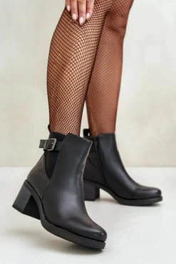 Ocieplane Botki Na Obcasie Eko Skórzane Z Klamrą Czarne Eriliana