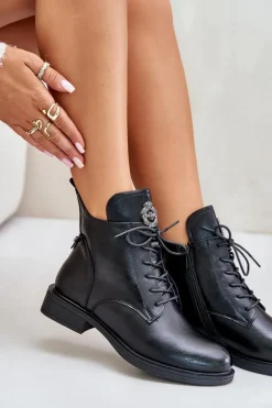 Ocieplane Botki Na Płaskim Obcasie Z Ozdobą Czarne Leonise