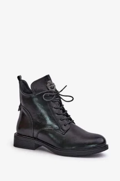 Ocieplane Botki Na Płaskim Obcasie Z Ozdobą Czarne Leonise