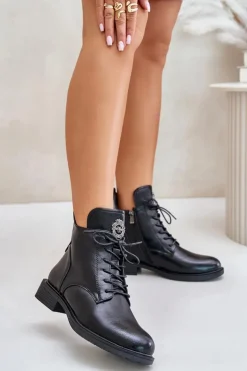 Ocieplane Botki Na Płaskim Obcasie Z Ozdobą Czarne Leonise