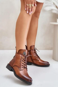 Ocieplane Botki Na Płaskim Obcasie Z Ozdobą Camel Leonise