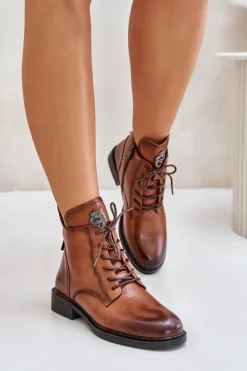 Ocieplane Botki Na Płaskim Obcasie Z Ozdobą Camel Leonise