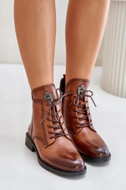 Ocieplane Botki Na Płaskim Obcasie Z Ozdobą Camel Leonise