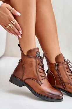 Ocieplane Botki Na Płaskim Obcasie Z Ozdobą Camel Leonise