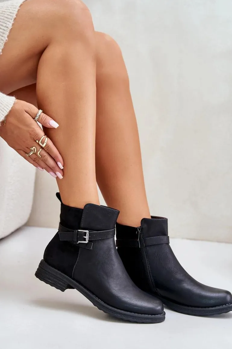 Ocieplane Botki Na Płaskim Obcasie Z Paskiem Czarne Sabamessa