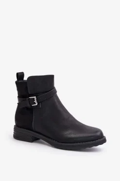 Ocieplane Botki Na Płaskim Obcasie Z Paskiem Czarne Sabamessa