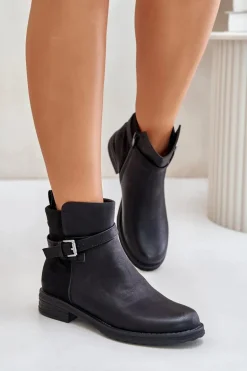 Ocieplane Botki Na Płaskim Obcasie Z Paskiem Czarne Sabamessa