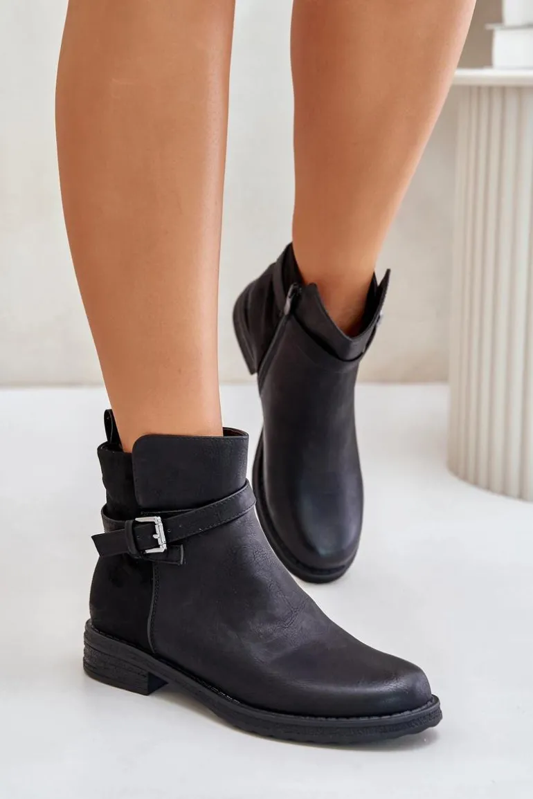 Ocieplane Botki Na Płaskim Obcasie Z Paskiem Czarne Sabamessa