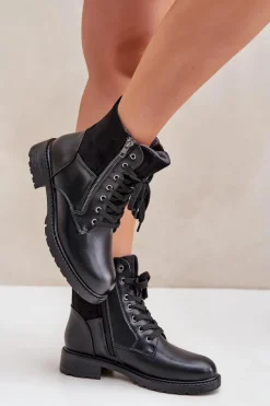 Ocieplane Botki Na Płaskim Obcasie Eko Skórzane Czarne Naoise