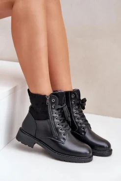 Ocieplane Botki Na Płaskim Obcasie Eko Skórzane Czarne Naoise