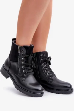 Ocieplane Botki Na Płaskim Obcasie Eko Skórzane Czarne Naoise