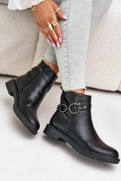 Ocieplane Botki Na Płaskim Obcasie Z Ozdobnym Paskiem Czarne Calzina