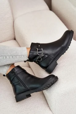 Ocieplane Botki Na Płaskim Obcasie Z Ozdobnym Paskiem Czarne Calzina