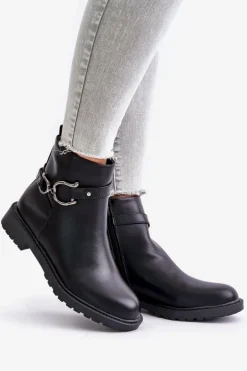 Ocieplane Botki Na Płaskim Obcasie Z Ozdobnym Paskiem Czarne Calzina