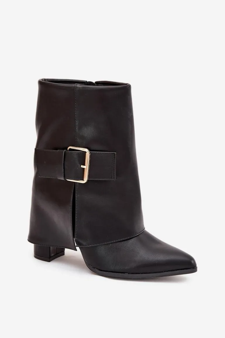 Ocieplane Botki Na Słupku Z Wywiniętą Cholewką I Złotą Klamrą Czarne Ylenara