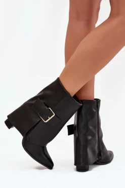 Ocieplane Botki Na Słupku Z Wywiniętą Cholewką I Złotą Klamrą Czarne Ylenara