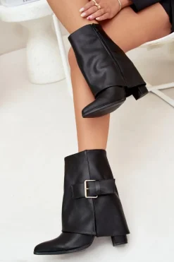 Ocieplane Botki Na Słupku Z Wywiniętą Cholewką I Złotą Klamrą Czarne Ylenara