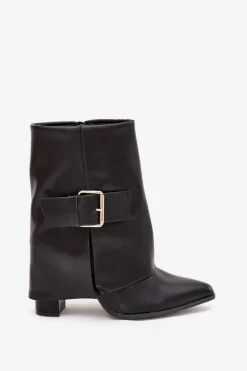 Ocieplane Botki Na Słupku Z Wywiniętą Cholewką I Złotą Klamrą Czarne Ylenara