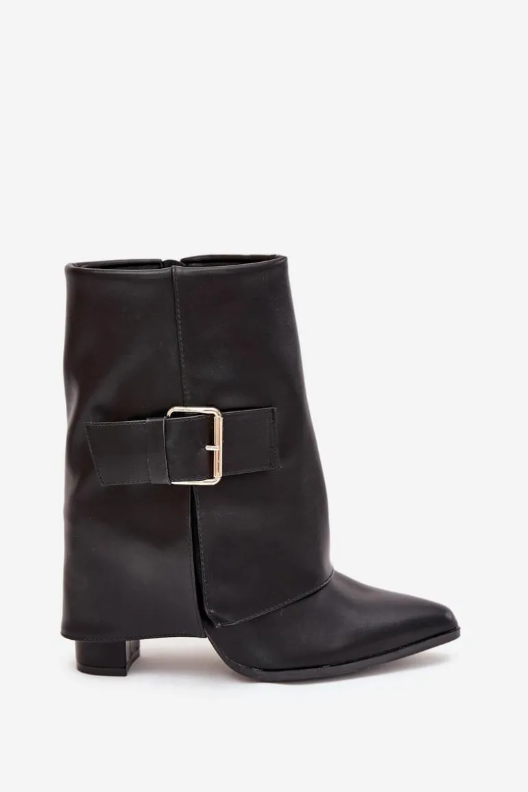 Ocieplane Botki Na Słupku Z Wywiniętą Cholewką I Złotą Klamrą Czarne Ylenara