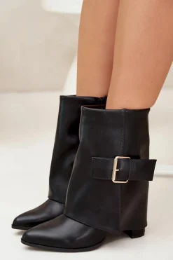 Ocieplane Botki Na Słupku Z Wywiniętą Cholewką I Złotą Klamrą Czarne Ylenara
