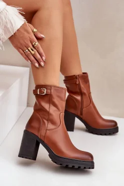 Ocieplane Botki Na Słupku Z Klamrą Brązowe Selavia